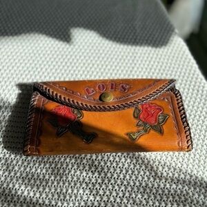 Vintage 70’s Leather Wallet Ladies Red Roses Hand Stitched LOIS Photo Holder